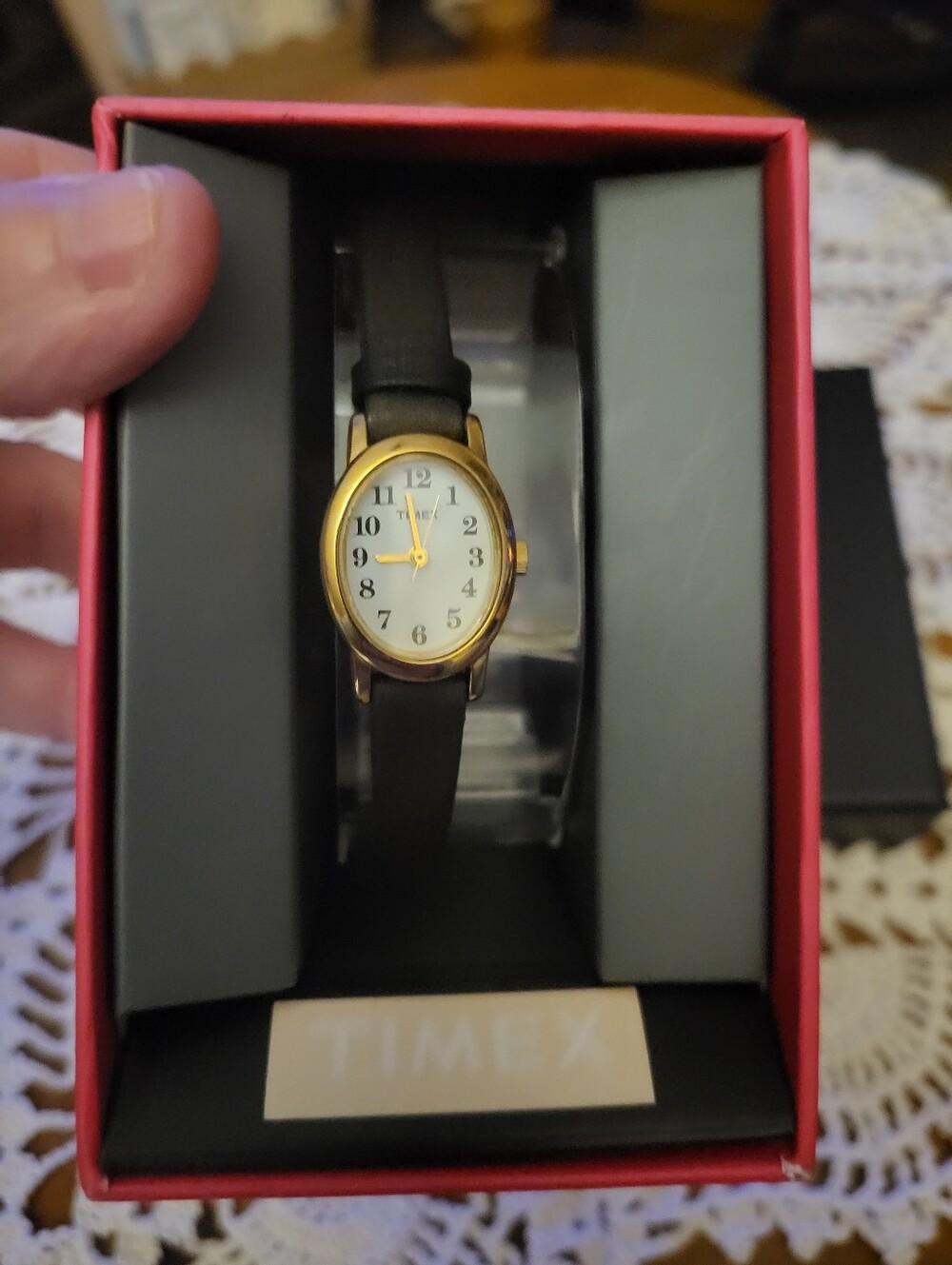 Timex Gold Case White Dial Black Leather Strap Ladies Watch